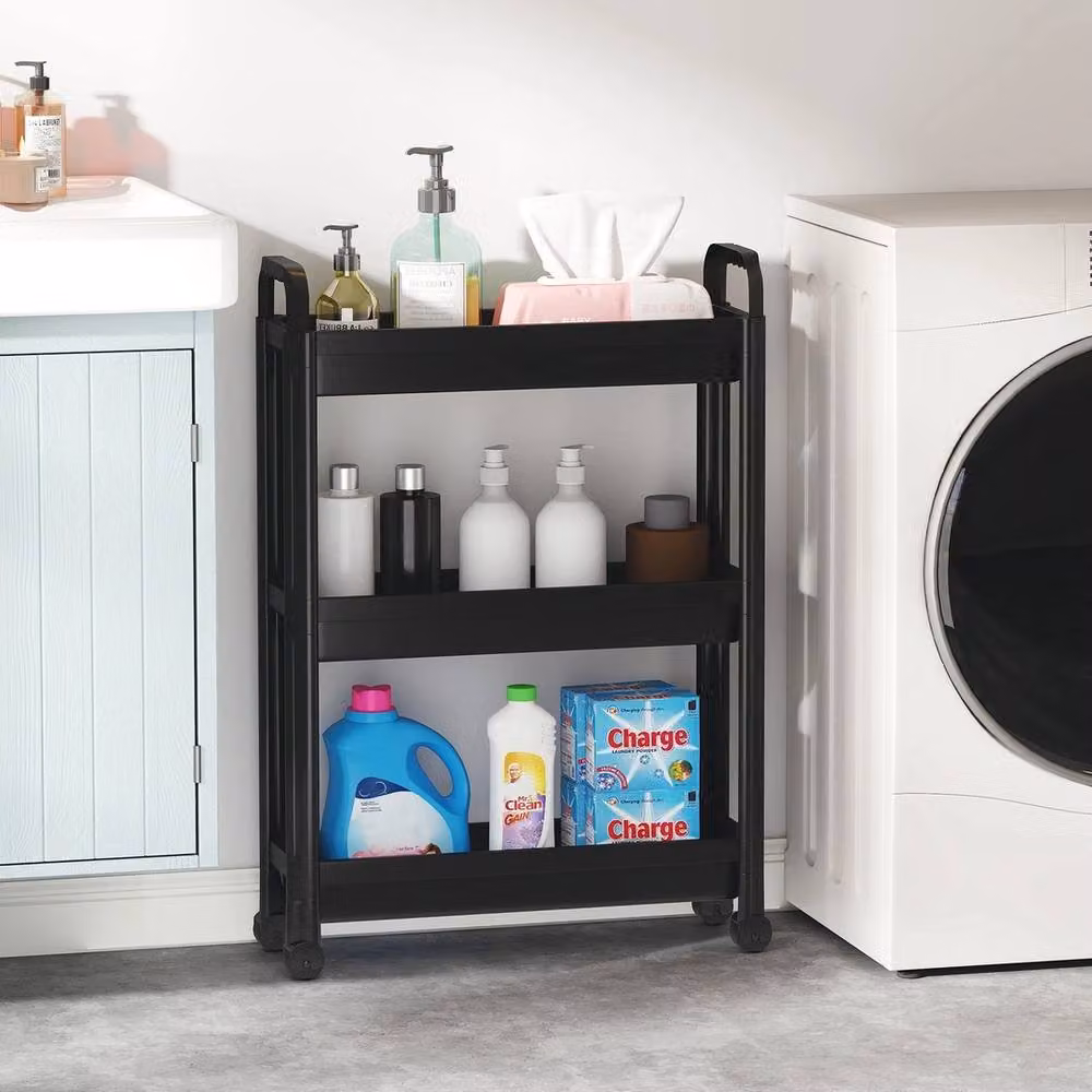 FORGEVIO 3-Tier Narrow Mobile Shelving Unit Slim Rolling Storage Cart in Black – 3