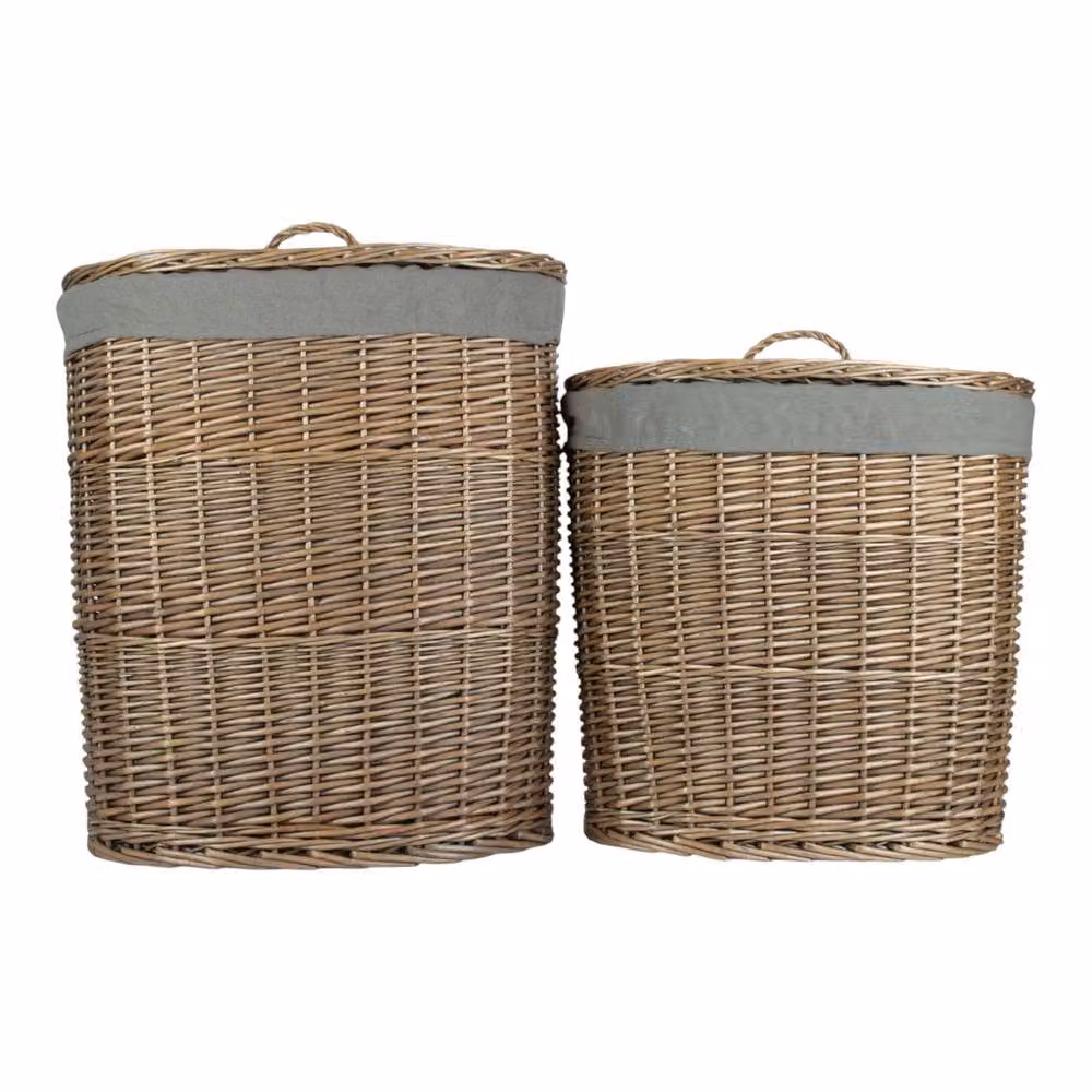 Red Hamper Set of 2 Brown Oval Willow Laundry Baskets with Antique Wash Grey Cotton Lining and Handles – 2