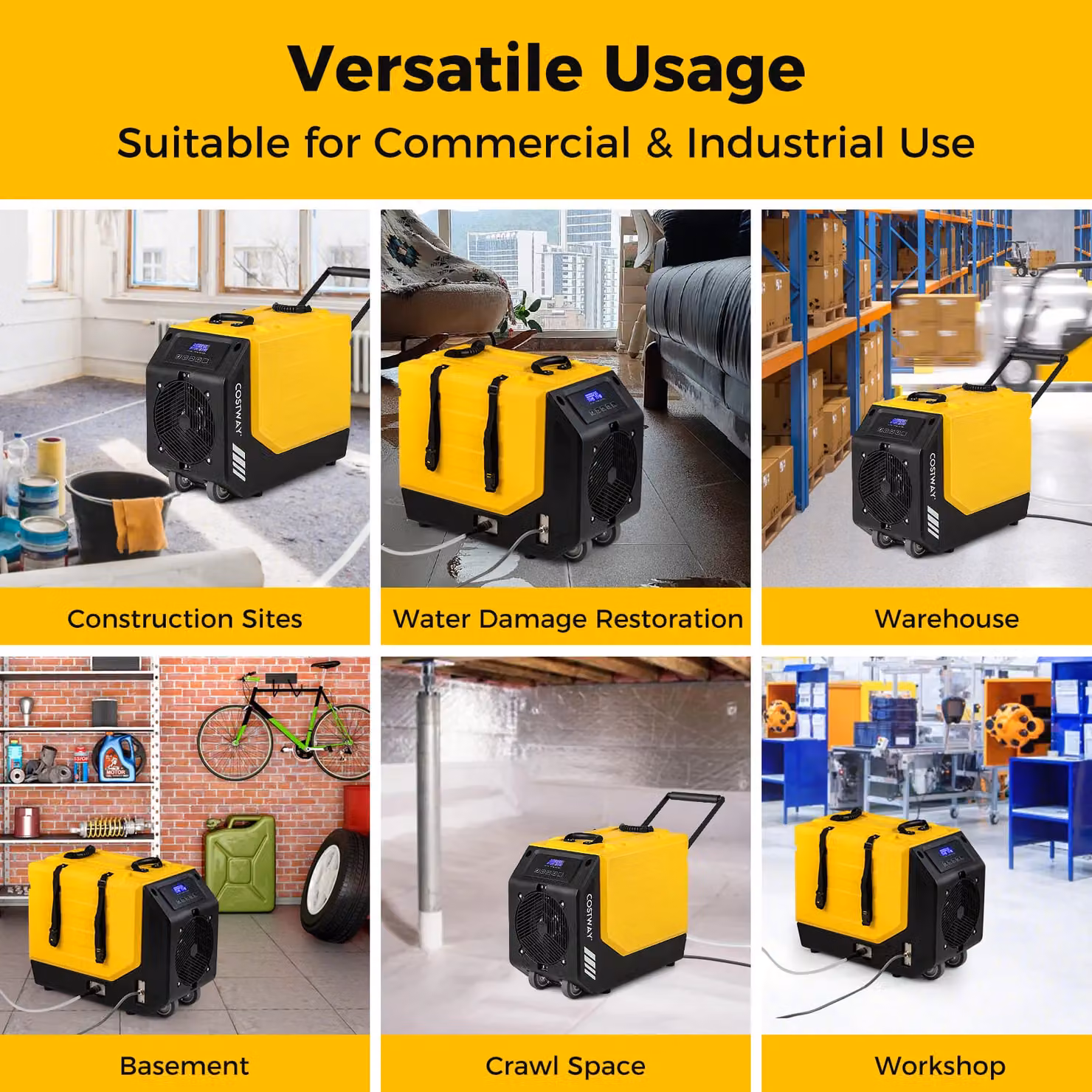 Costway Industrial Dehumidifier with Pump, 90L/Day Capacity, Yellow – 6