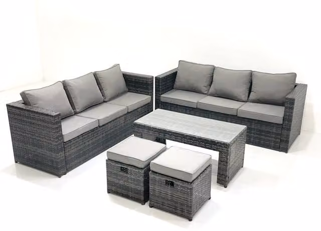 Fimous Garden Outdoor Rattan Furniture Set with Sofa, Coffee Table and 2 Small Footstools in Dark Grey
