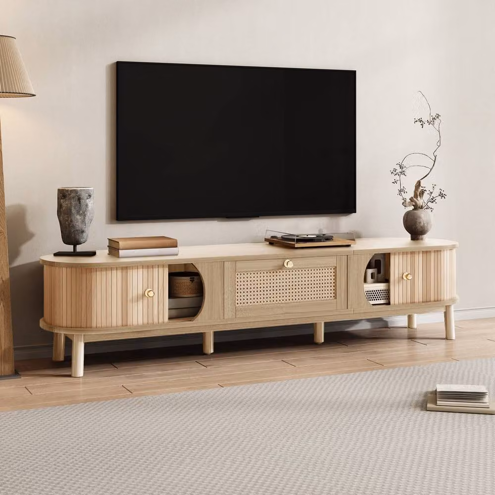 STILVORA Natural Wood and Rattan TV Cabinet with Doors and Drawers in Brown, Sand and Beige – 3
