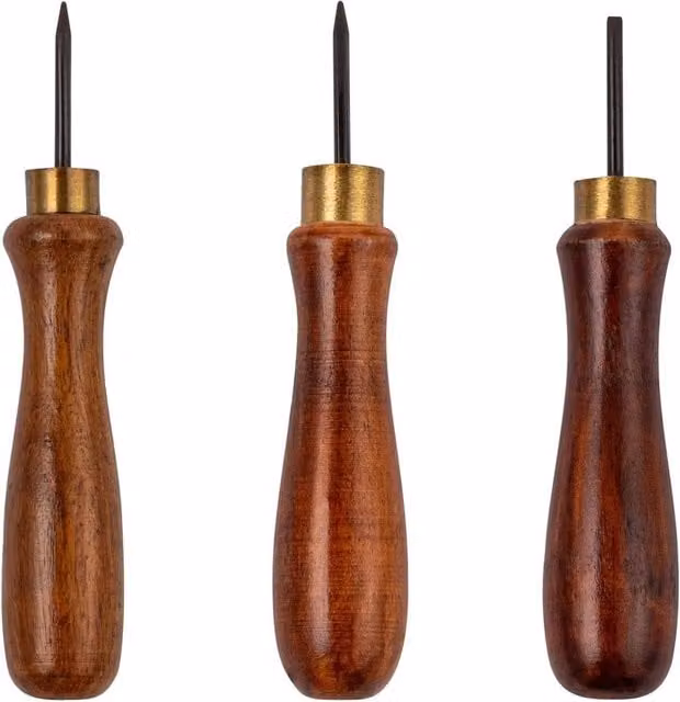 VOGREX 3-Piece Woodworking Awl and Bradawl Tool Set with Round and Square Point Chisels, Brown