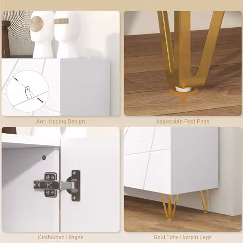 HOMCOM High Gloss Freestanding Sideboard with Adjustable Shelves and Soft-Close Doors in White and Gold – 4