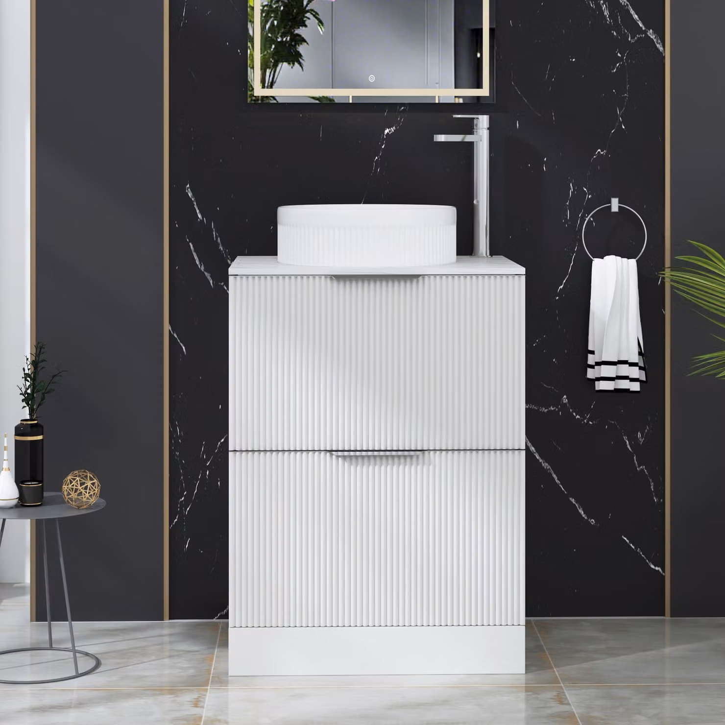 Royal Bathrooms Evora Matt White Fluted Floor Standing Countertop Vanity Unit with 2 Drawers and Round Basin