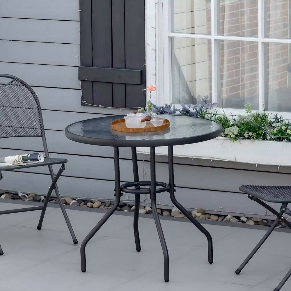 STILVORA Round Outdoor Table with Parasol Hole in Matt Black, Diameter: 80 cm – 2