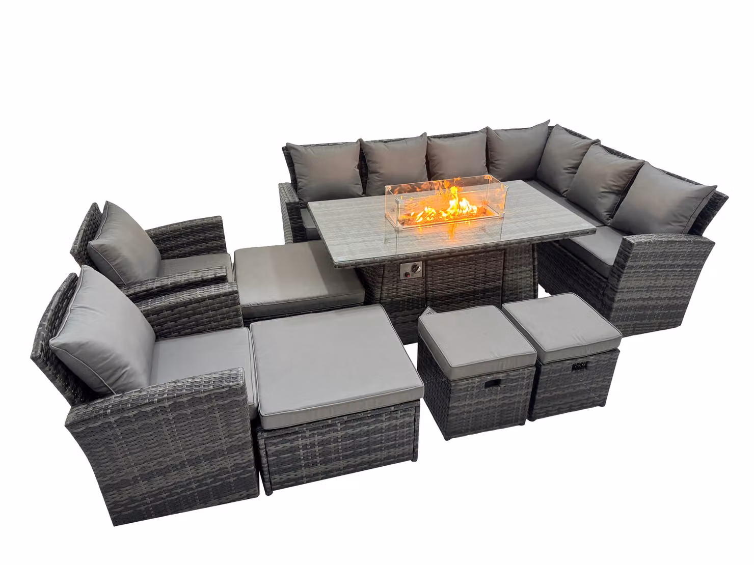 Fimous Rattan L-Shape Corner Sofa Set with Gas Fire Pit Table and 4 Footstools in Dark Grey – 2