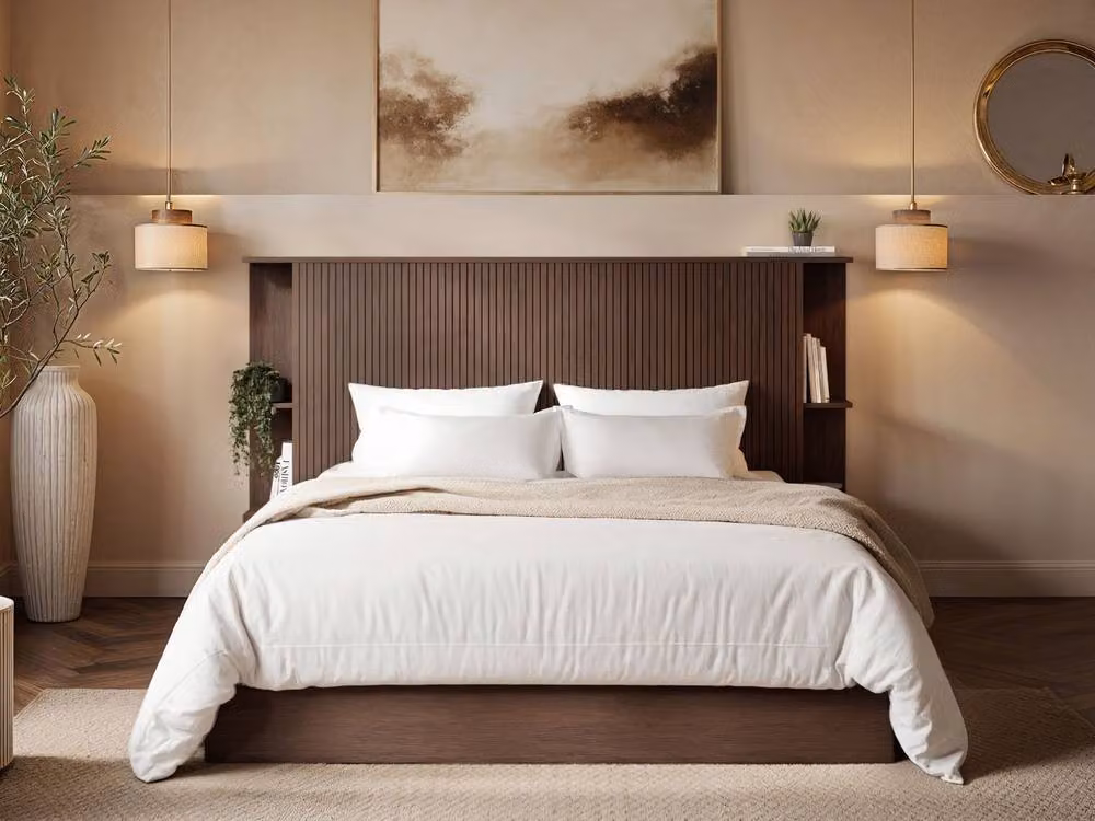 Solace+Co Zora Ottoman Bed with Headboard Shelves in Walnut Brown, W/D/H: 140 x 200 cm – 2