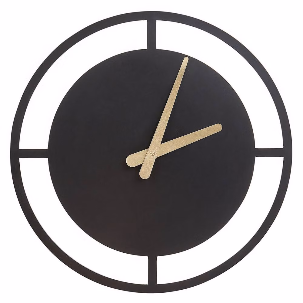Wyld and Coco Nexa Modern Round Wall Clock with Black Metal Ring and Gold Hands, Diameter: 40 cm – 2