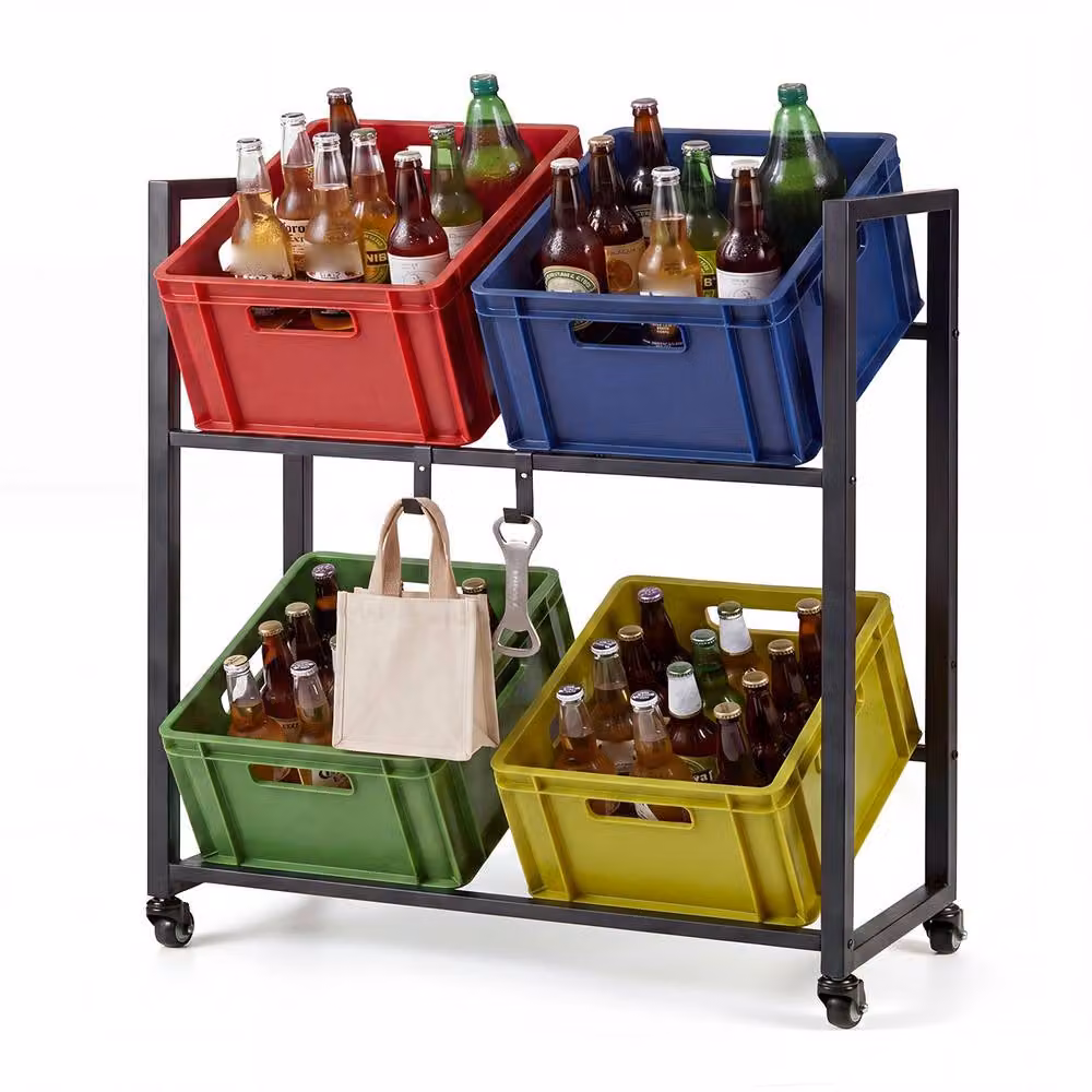Gymax 2-Tier Rolling Metal Beverage and Bottle Crate Rack in Black – 4