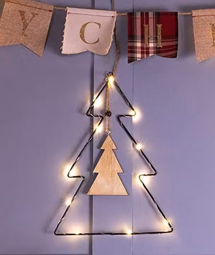 St Helens Home & Garden Battery Powered Metal Tabletop Christmas Tree with Wooden Centre and LED String Lights – 1