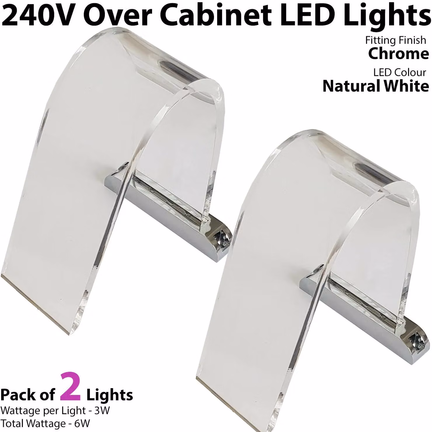 Loops 2x Over Cabinet LED Bathroom Make Up Lamp with Curved Glass in Chrome and White – 2