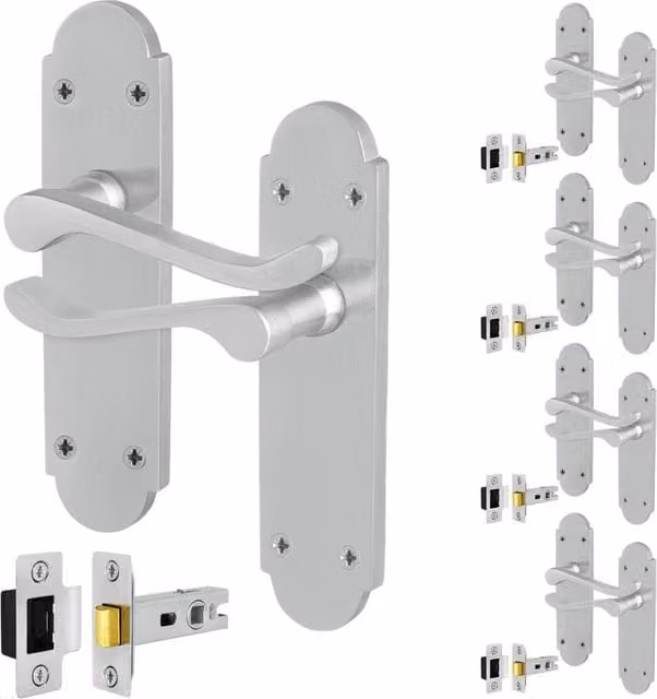 AFIT Satin Chrome Door Handles with Latch, 5 Pairs of Silver Backplate Handles – 1
