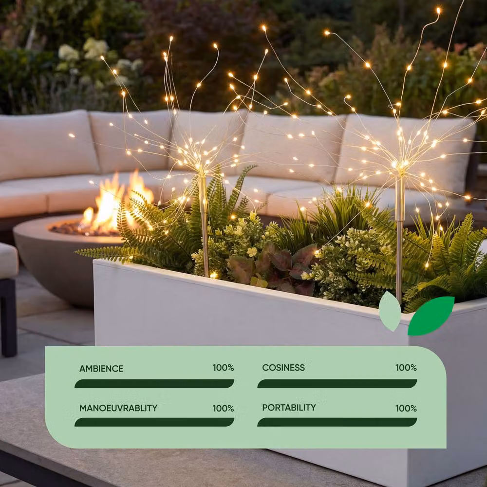 Gardenwize Pack of 2 Solar Starburst LED Garden Stake Lights in Silver with Warm White Light – 3