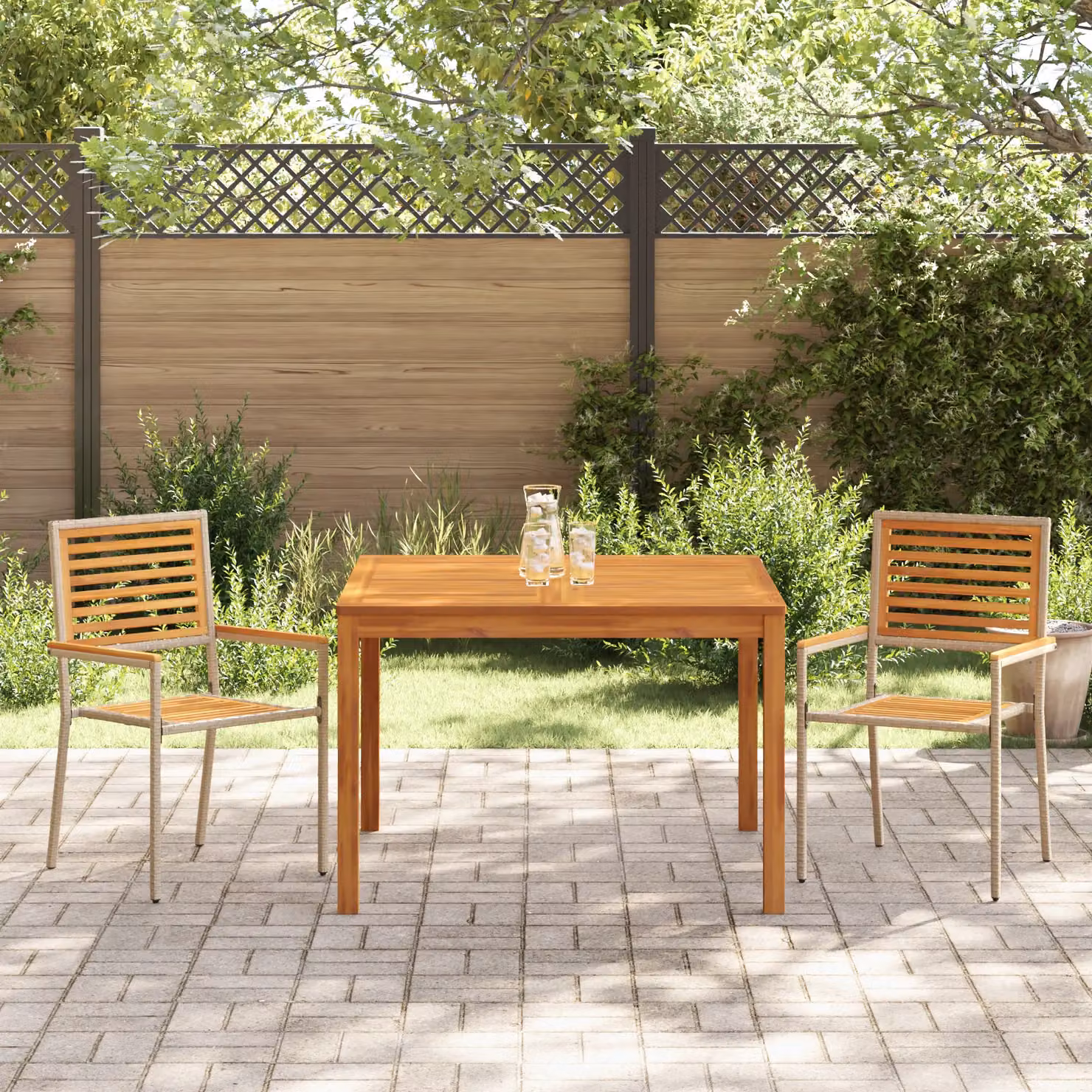 Berkfield Home 3 Piece Garden Dining Set in Beige Poly Rattan and Acacia Wood – 3