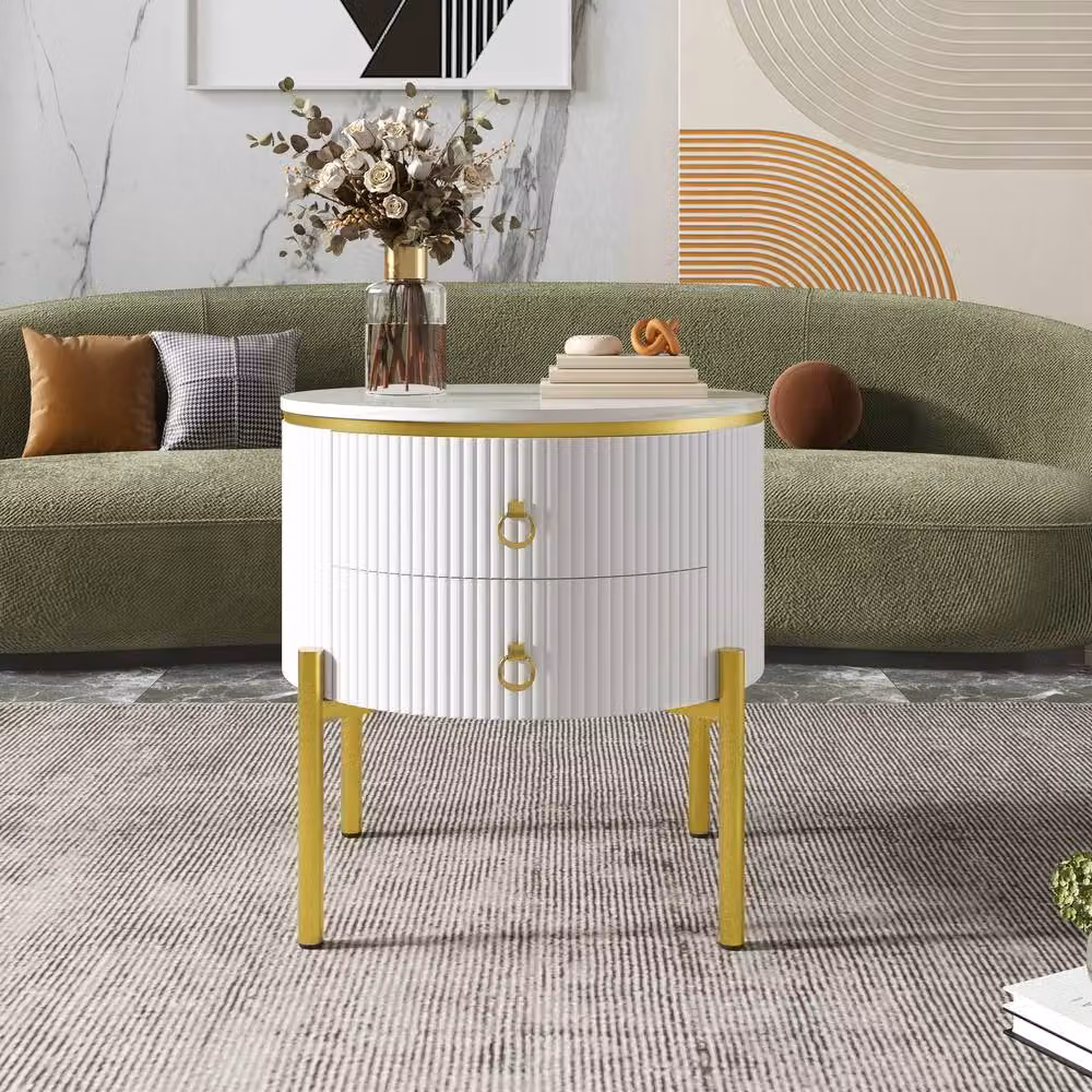 STILVORA Modern White and Gold Side Table with 2 Drawers and Adjustable Legs – 2