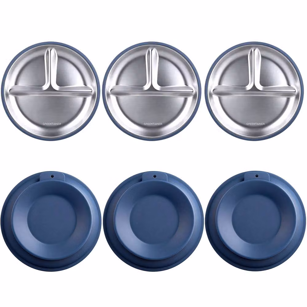 Greentainer 3-Piece Blue Stainless Steel Divided Plate Set with Silicone Suction Base – 10