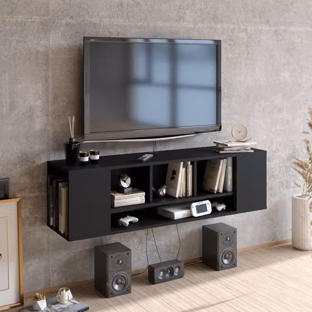 Decorotika Paldi TR Wall Mounted Modern Black TV Unit with Media Compartments W/D/H: 135 x 35.2 x 38.8 cm