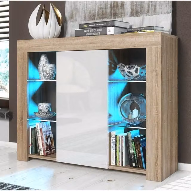 SPETLEK TV Unit with Glass Doors and Integrated Lighting in Oak and White High Gloss
