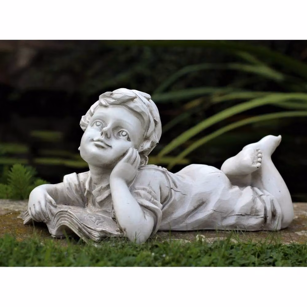 NESTLUNE Lying Boy Large Garden Ornament Statue in White, W/D/H: 100 x 15 x 15 cm – 5