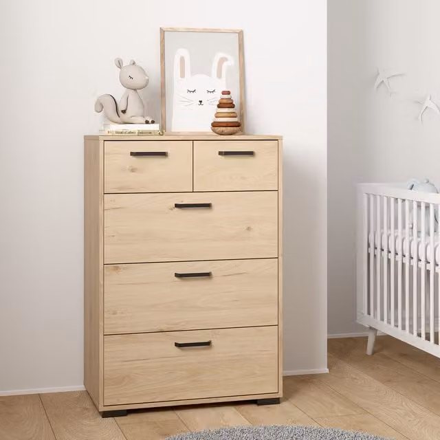 Furniture To Go Sofia Wooden Chest of Drawers in Jackson Hickory Oak Brown and Beige