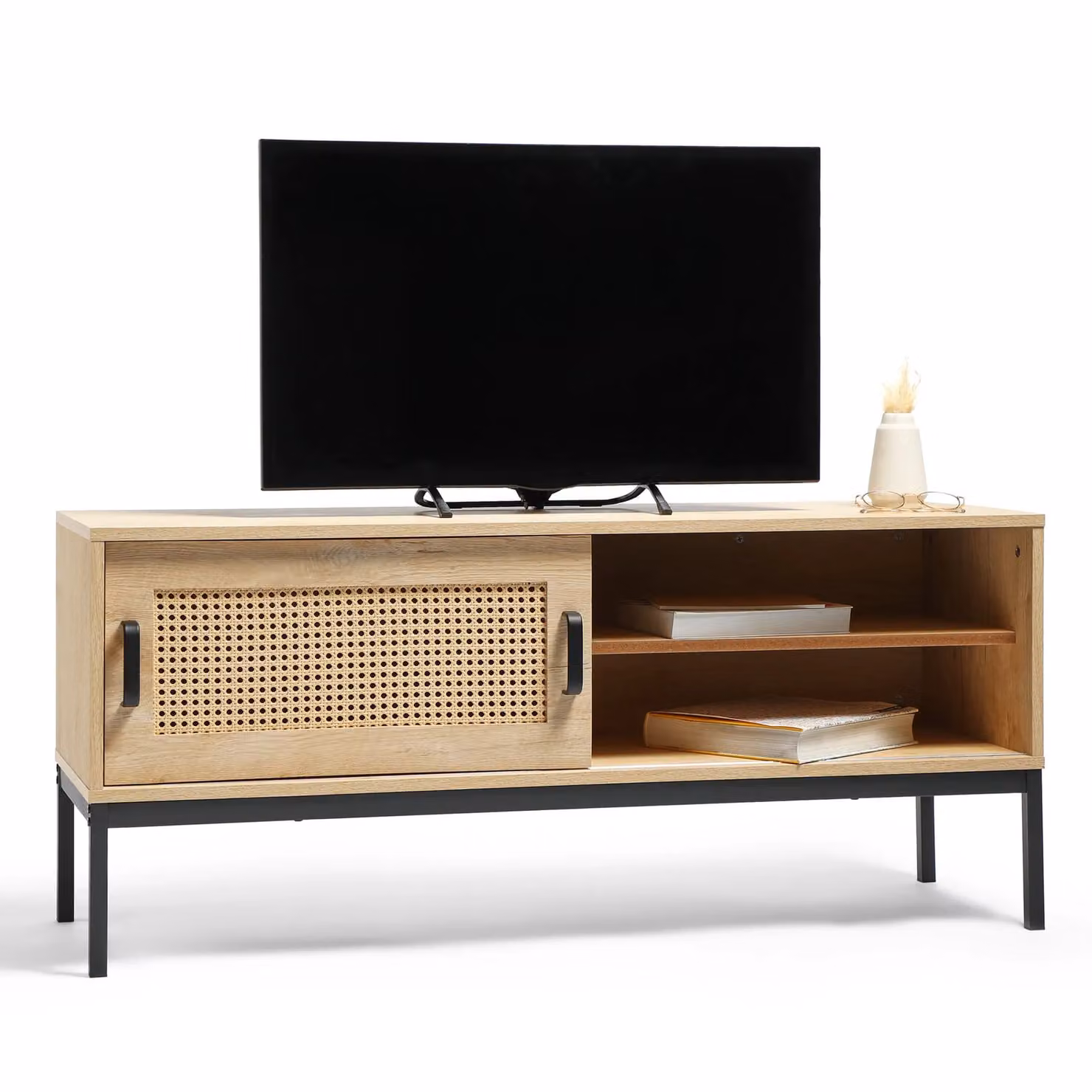 VonHaus Lena Brown Rattan Sliding Door TV Unit for up to 55 inch Screens W: 120 cm, D: 38 cm, H: 52 cm – 2