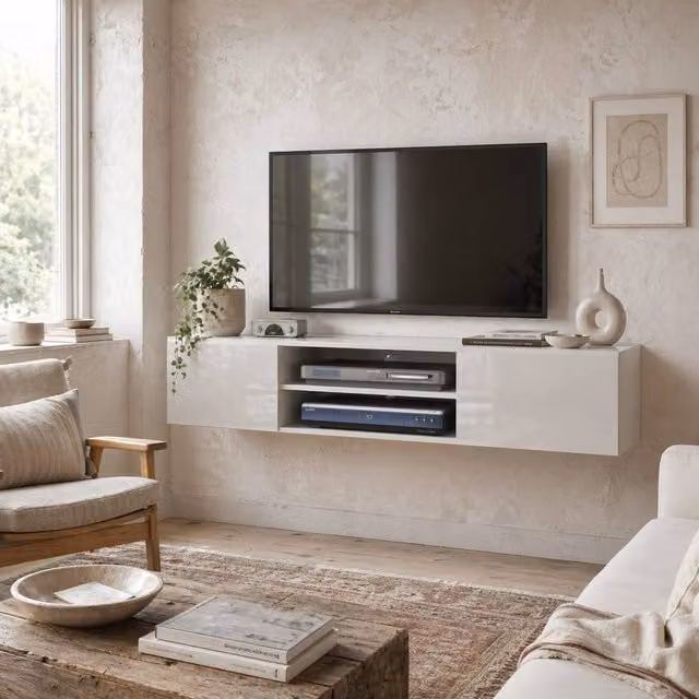 Wyld Haus Lumipa High Gloss White Floating TV Cabinet with Open Shelves W: 140 cm, D: 30 cm, H: 32 cm