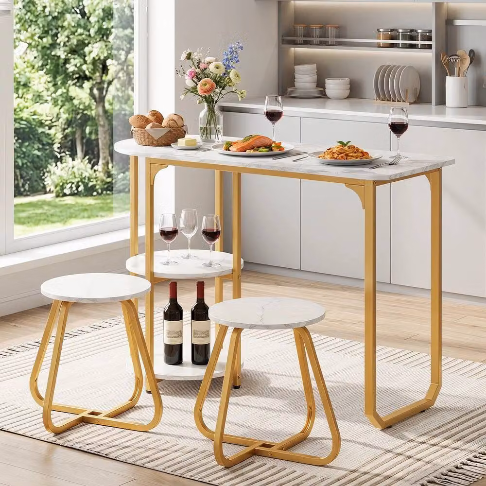 VOGREX Bar Table Set with 2 Stools and 2 Storage Shelves in White Glossy Finish – 2