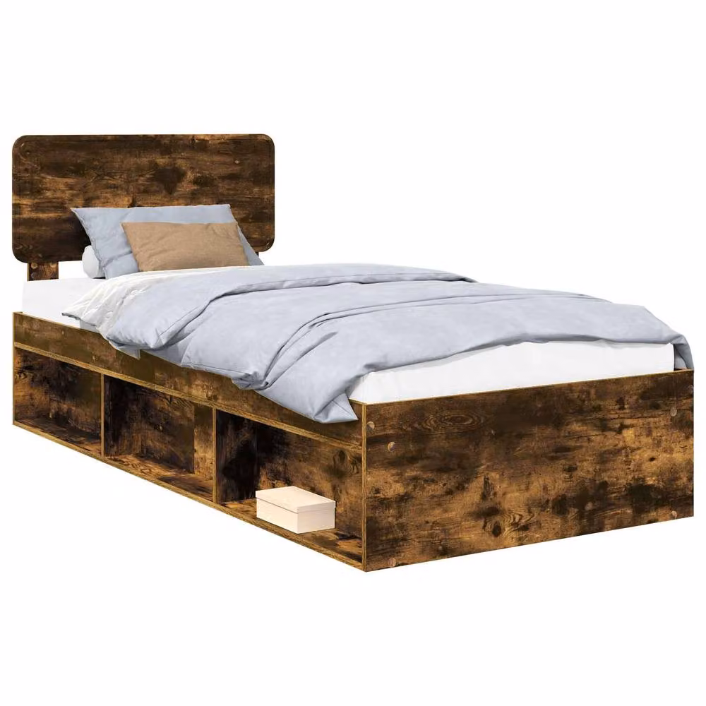 Berkfield Home Bed Frame with Headboard in Smoked Oak and Brown Solid Pine Wood, W: 75 cm, L: 190 cm – 2