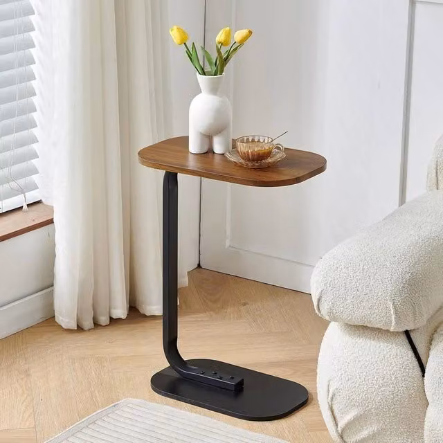 FORGEVIO Modern Oval C-Shaped Walnut Side Table with Sled Base – 1