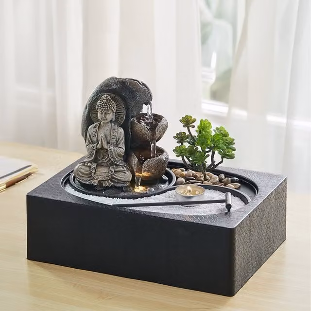 Lifeideas Buddha Zen Tabletop Fountain with LED Light and Tealight Holder in Black