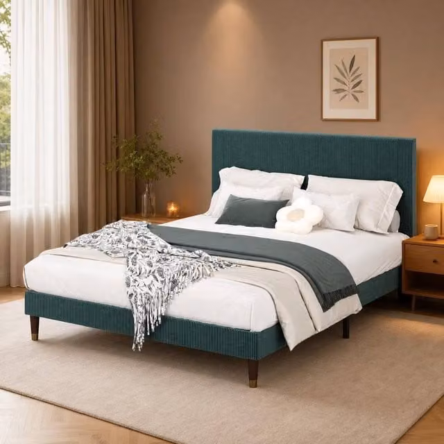 London Boutique Modern Upholstered Double Platform Bed Frame with Headboard in Green, W/D/H: 140 x 200 cm