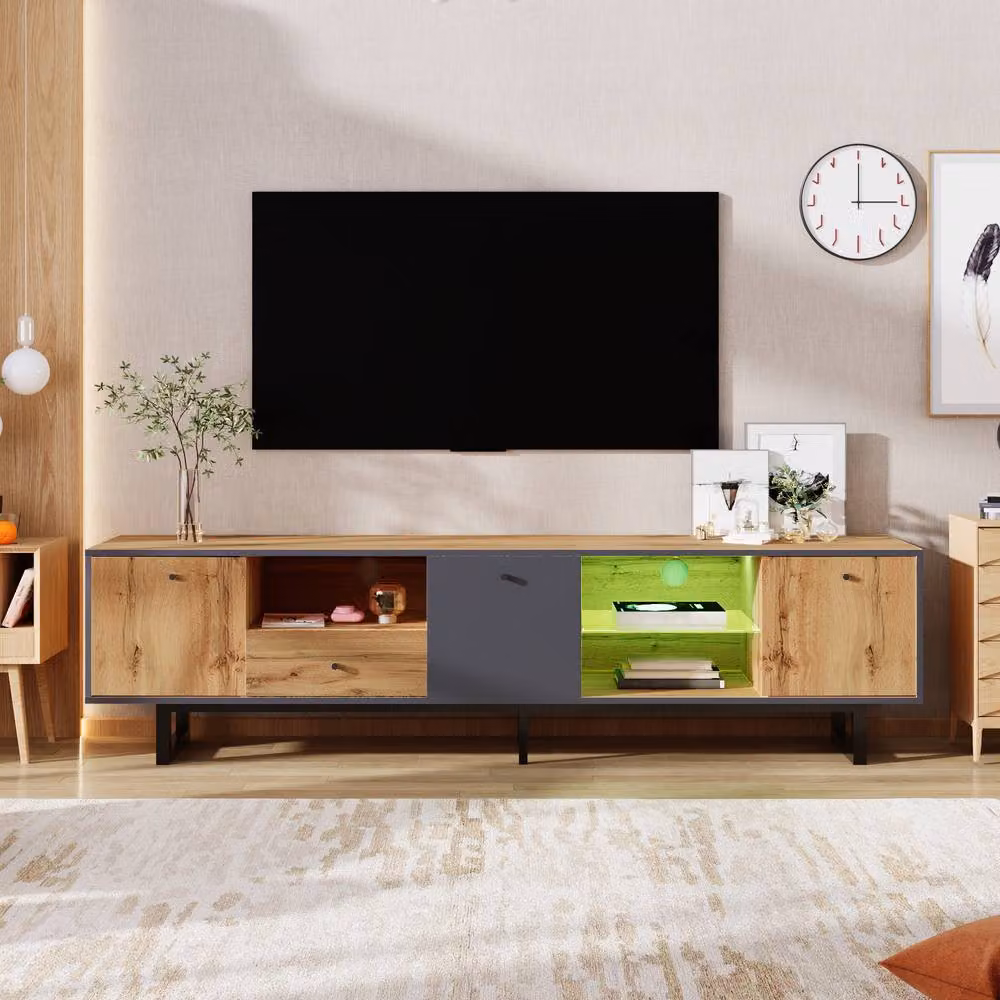 BTM Modern Glossy TV Lowboard with LED Lighting, Glass Shelf and Soft-Close Doors, W/D/H: 190 x 40 x 50 cm, Anthracite/Brown/Multicolour – 3