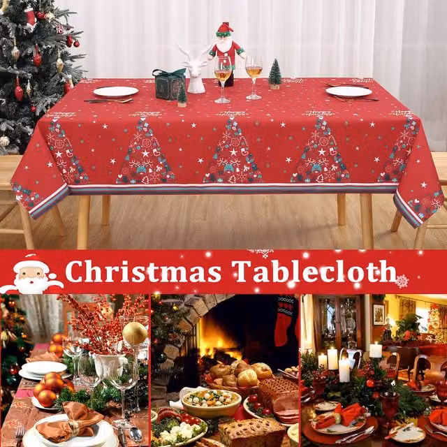 London Boutique Red Christmas Tablecloth, Waterproof and Washable Polyester Table Cover, W: 137.16 cm, L: 200.66 cm – 1