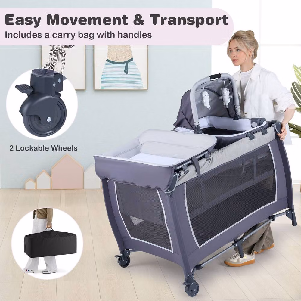 Costway Foldable Pack and Play Portable Baby Playard with Rocking Bassinet and Music Box in Dark Grey – 9