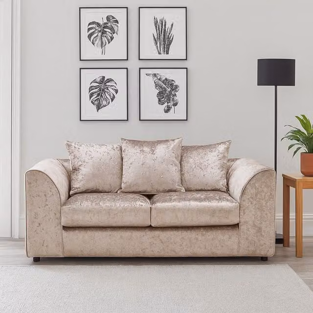 Furnishings For Less UK Crystal Crushed Velvet 2 Seater Sofa with Scatter Back and Curved Arms in Beige – 1