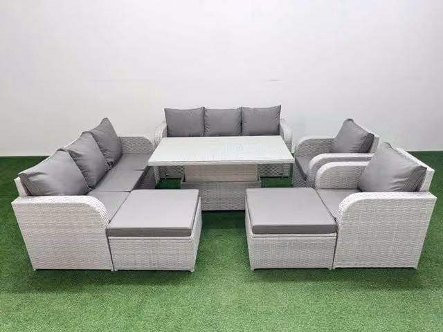 Fimous Grey PE Rattan High Back Lounge Sofa Set with 3 Seater Reclining Chair and Adjustable Lifting Table