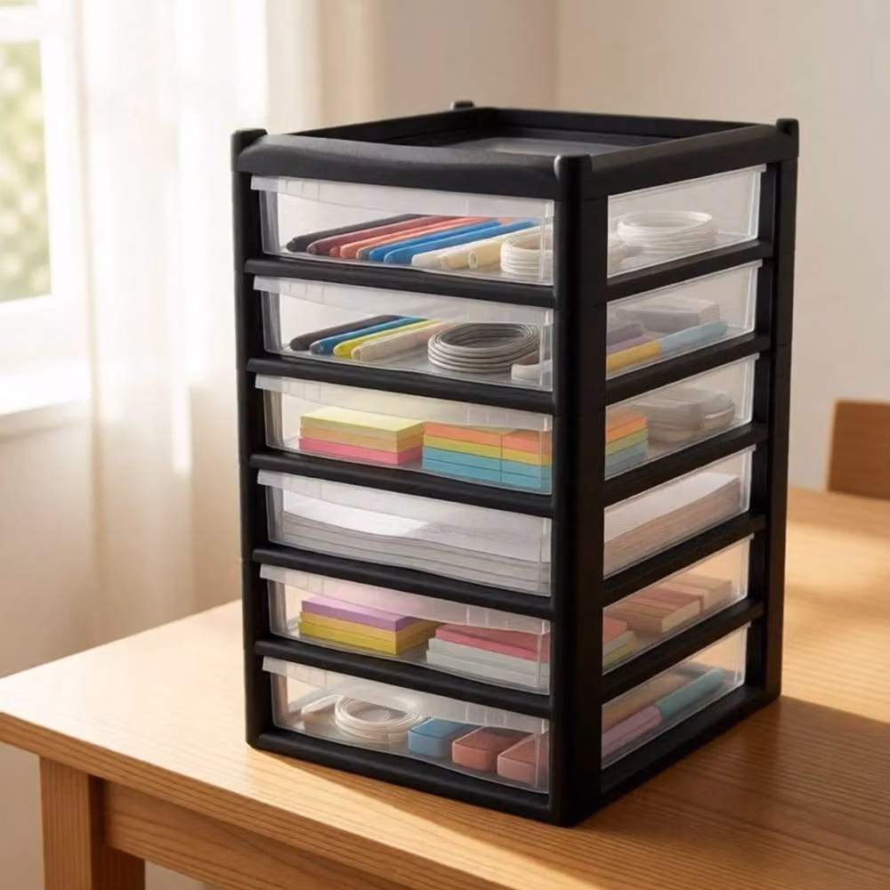 FORGEVIO 6 Tier Shallow Plastic Chest in Black and Transparent, Width: 50 cm – 2