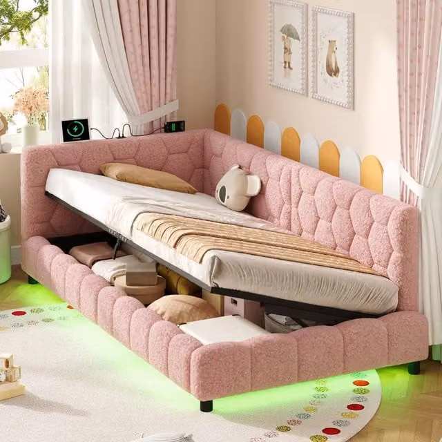 Matteo Pink Boucle 3ft Single Hydraulic Storage Bed with Smart RGB LED Lights and USB Charging Port W/D/H: 90 x 190 cm – 1