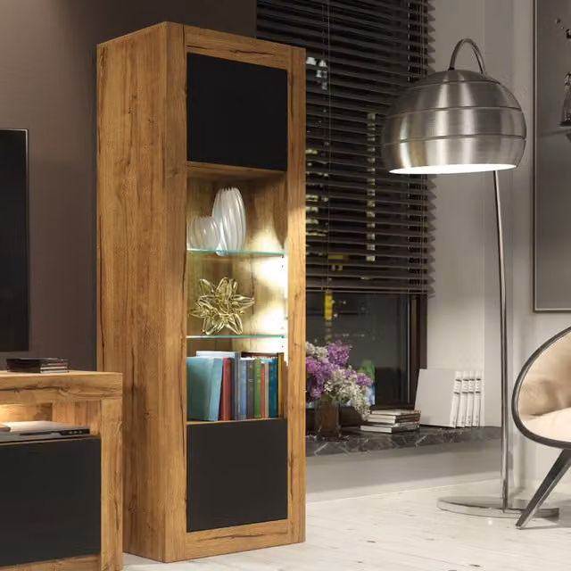Creative Furniture Illume Modern Display Cabinet in Brown and Black with Glass Doors and LED Lighting, W/D/H: 63 x 35 x 170 cm