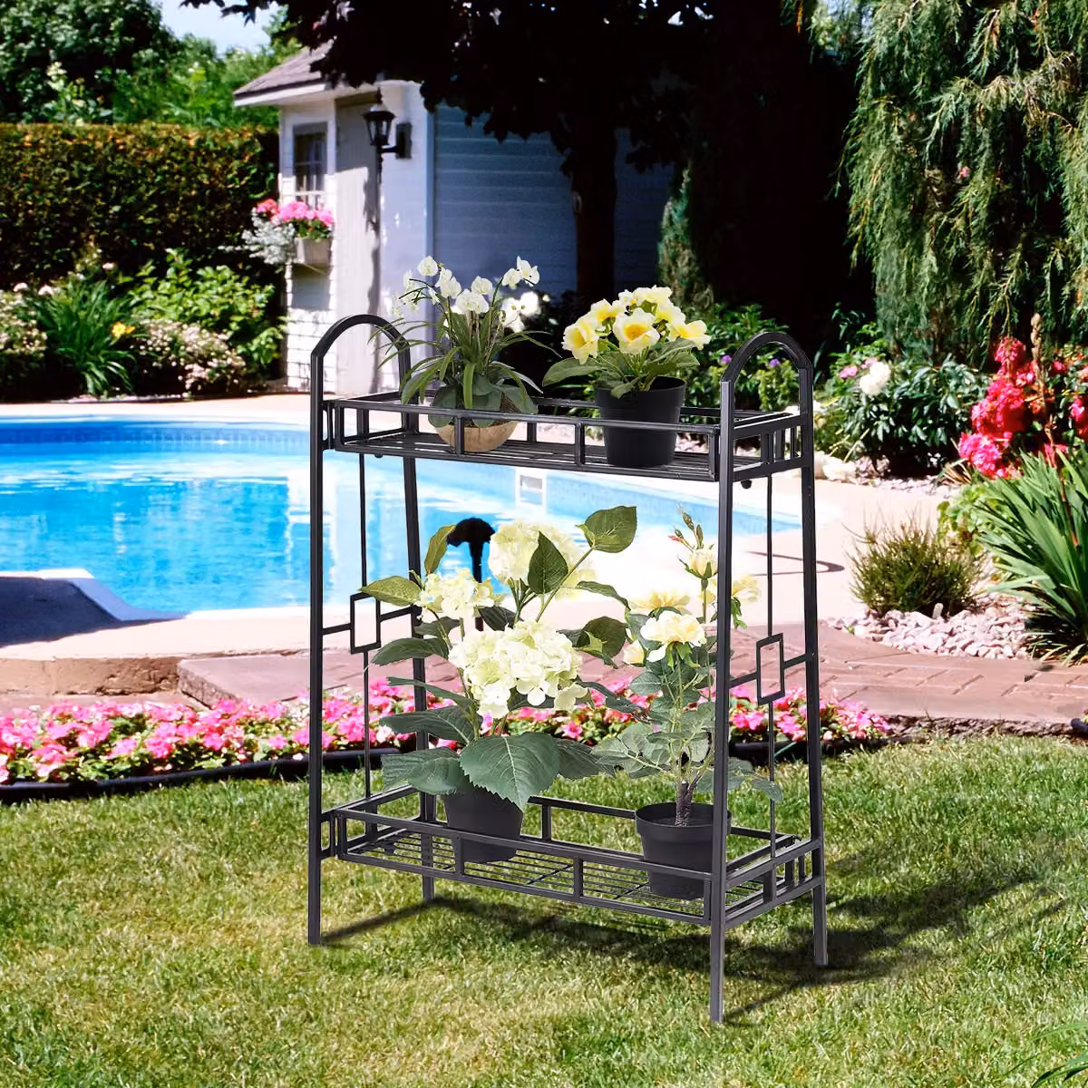 Gymax 2 Tier Metal Plant Stand and Flower Pot Display Rack in Matt Black – 4