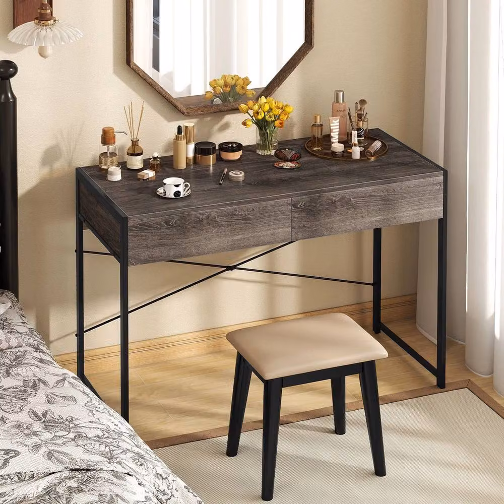 VOGREX Grey Compact Computer Writing Desk with 2 Storage Drawers, W/D/H: 111 x 90 x 76 cm – 3