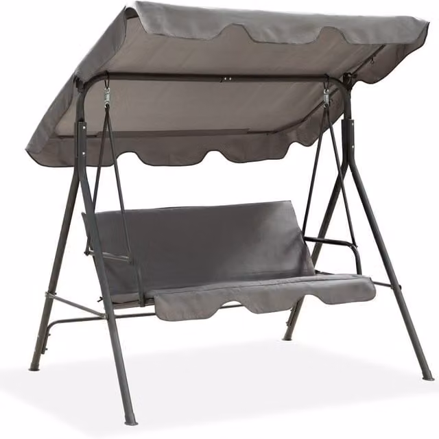 Downton 3 Seater Grey Metal Garden Swing Chair with Sun Canopy and Cushions