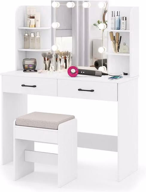 COSTWAY Modern Hollywood LED Vanity Desk Set in White