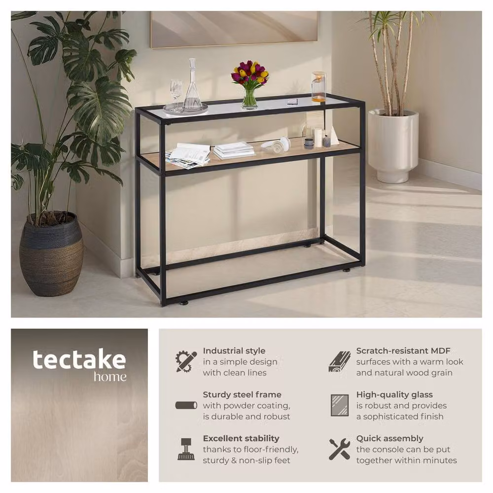 tectake Kilkenny Console Table with Glass Top and 2 Shelves in Light Oak and Black – 2