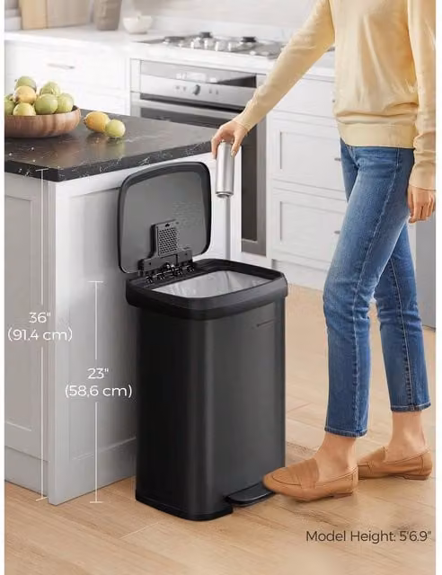 SONGMICS 50L Metal Pedal Kitchen Bin with Lid and Odour Filter, Black, W: 40.4 cm, D: 38.0 cm, H: 58.5 cm