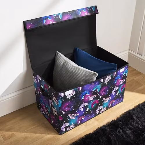 OHS Printed Foldable Fabric Storage Box and Toy Organiser with Lid in Purple, W/D/H: 37.0 x 64.0 x 37.0 cm – 2