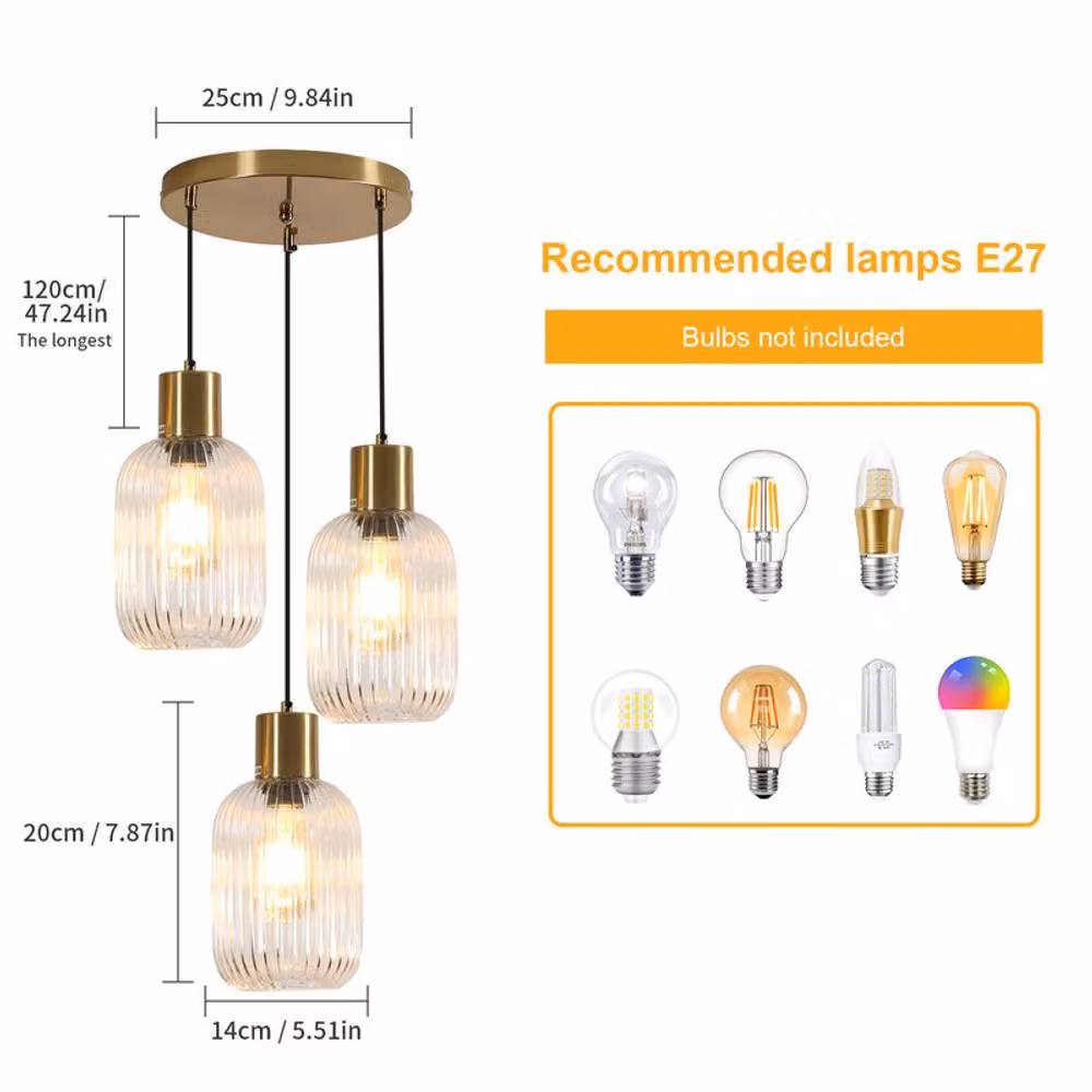 COMELY 3-Light Modern Pendant Ceiling Light in Copper with Transparent Glass and E27 Fittings – 2