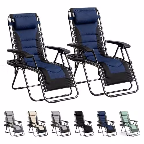 MCC Direct Set of 2 Zero Gravity Reclining Sun Lounger Chairs in Black and Blue Oxford Fabric – 1