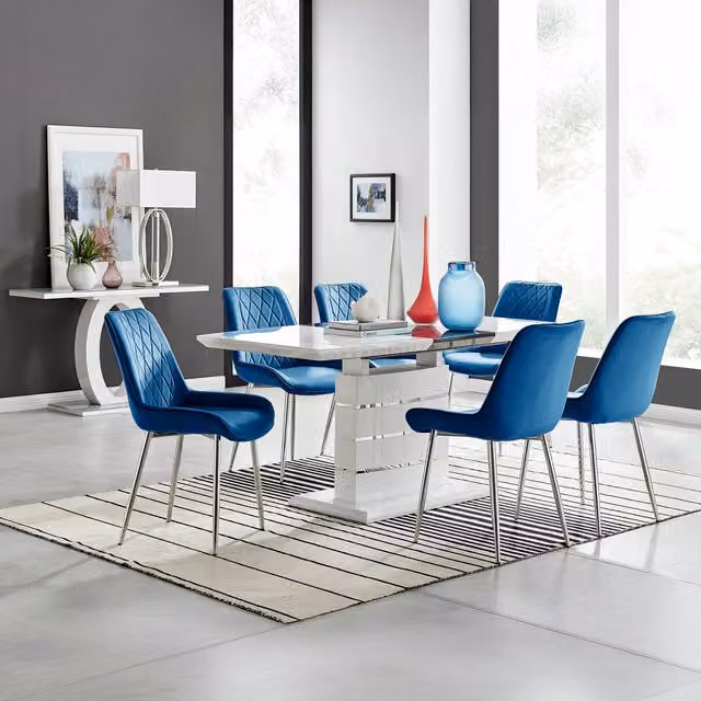 FurnitureboxUK Renato High Gloss Extending Rectangular Dining Table and 6 Pesaro Silver Leg Chairs in Blue