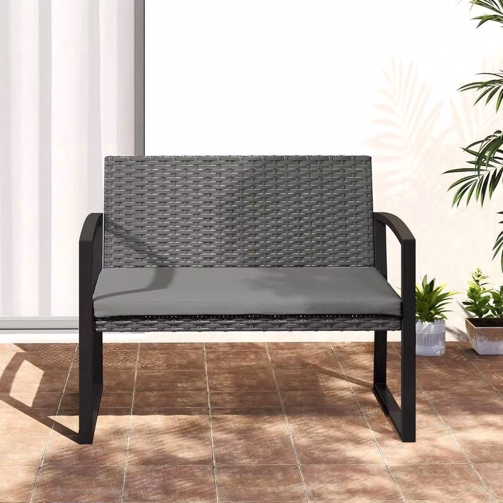 Nordara 2-Seater Rattan Garden Bench with Grey Fabric Cushions and Matt Steel Frame – 3